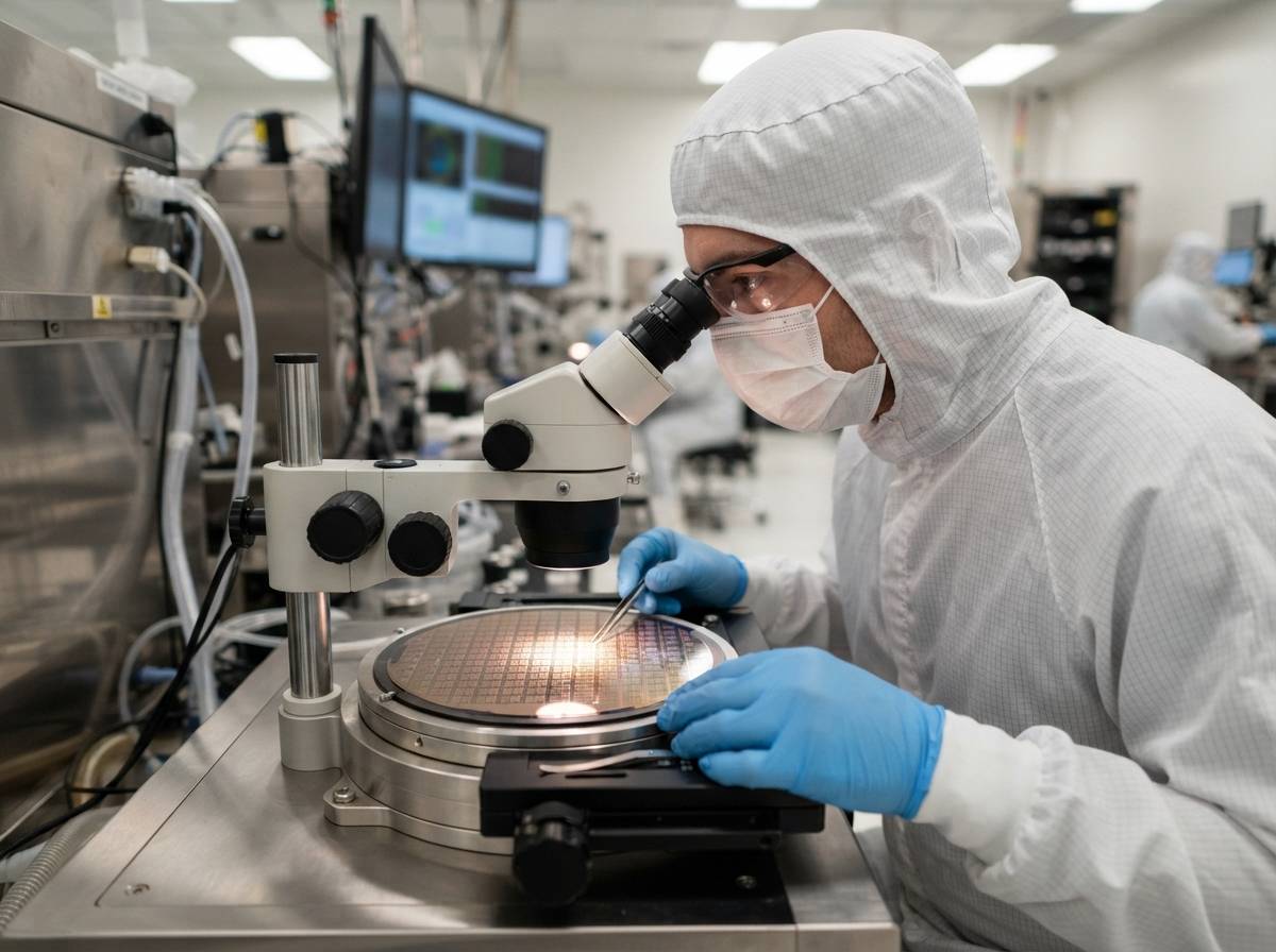A cleanroom technician inspects a silicon wafer inside a memory chip fabrication facility.