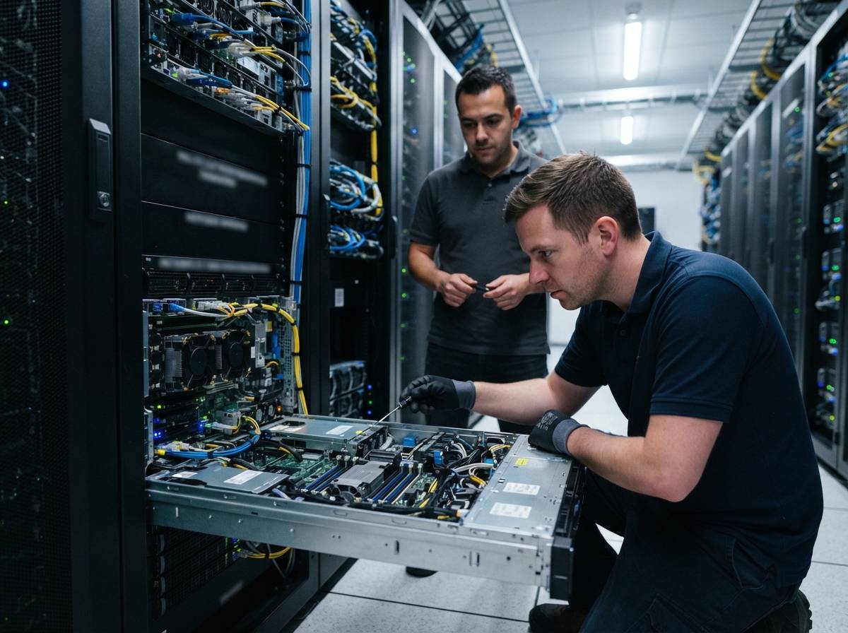 A customs inspector reviews shipping paperwork next to an open crate of server hardware.array1skipped