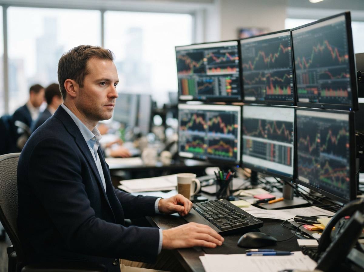 A financial professional studies stock charts on multiple monitors at a trading desk.