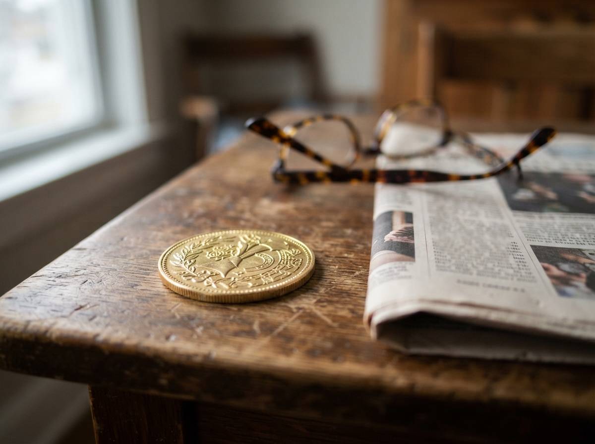A gold colored novelty cryptocurrency coin sits on a desk near a laptop displaying market charts.