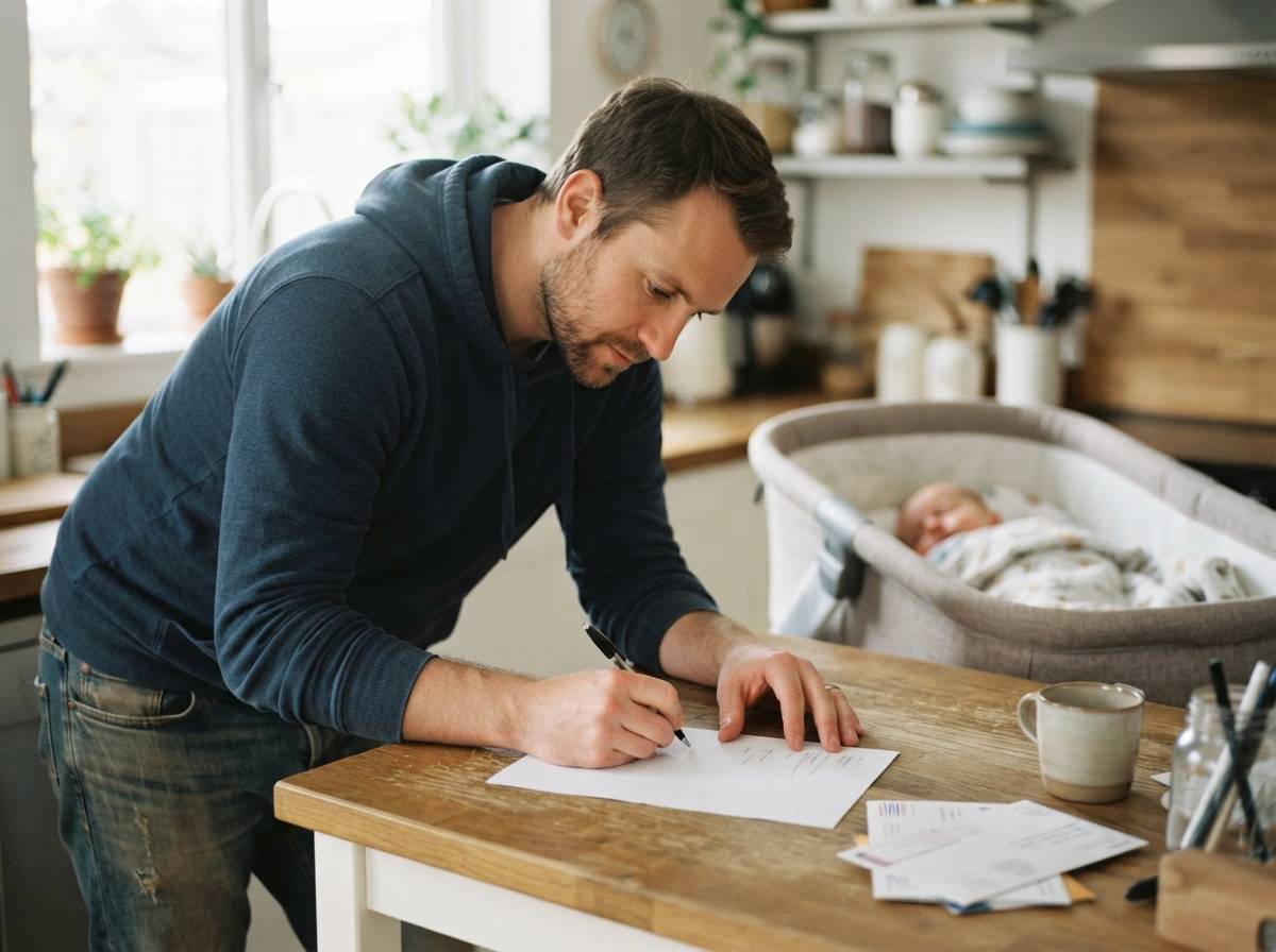 A hand files a one page government form into a folder on a home office desk.