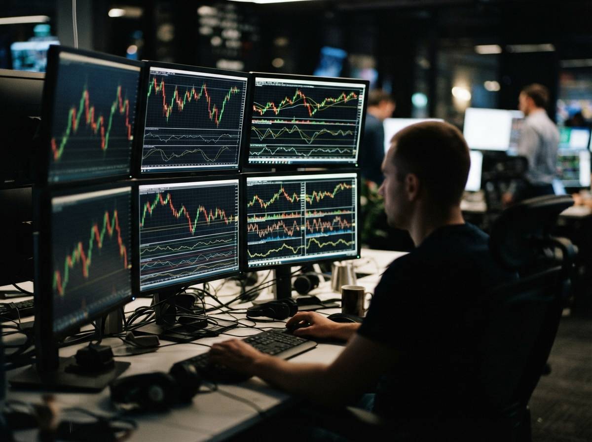 A hand holds a smartphone showing a cryptocurrency trading app with volume charts in natural light.