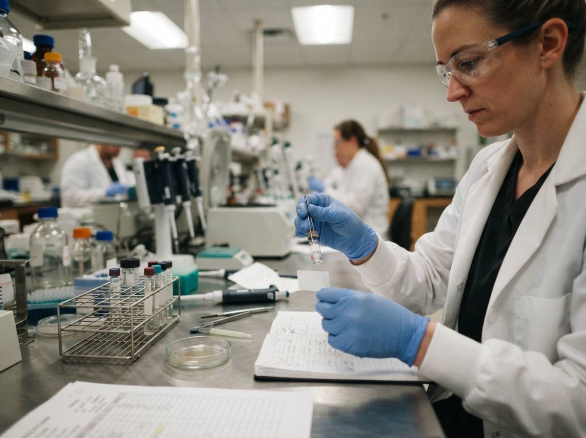 A lab technician labeling blood sample vials in a clinical research laboratory.