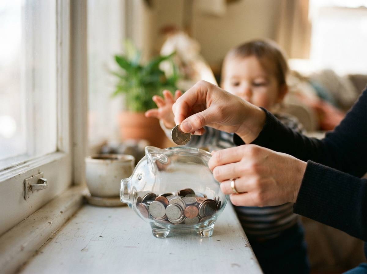 A parent sets up a child's investment account on a laptop at a home desk with baby items nearby.