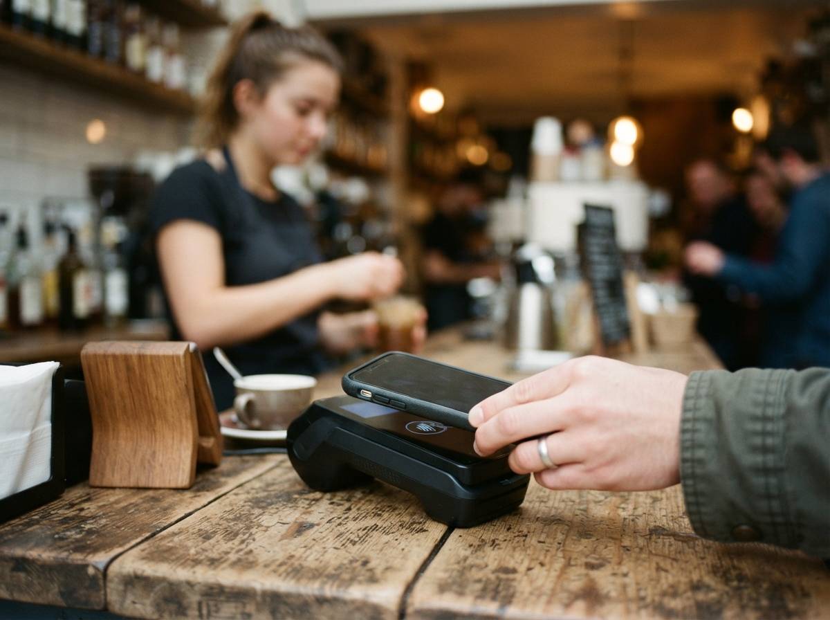 A person holding a smartphone showing an app store screen while seated at a cafe table.