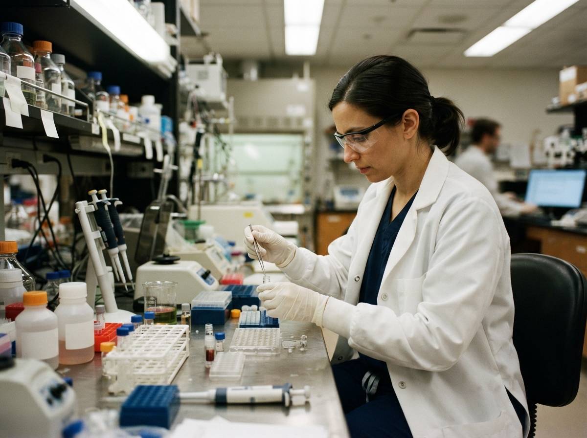 A researcher in a white lab coat handles sample vials on a laboratory bench.