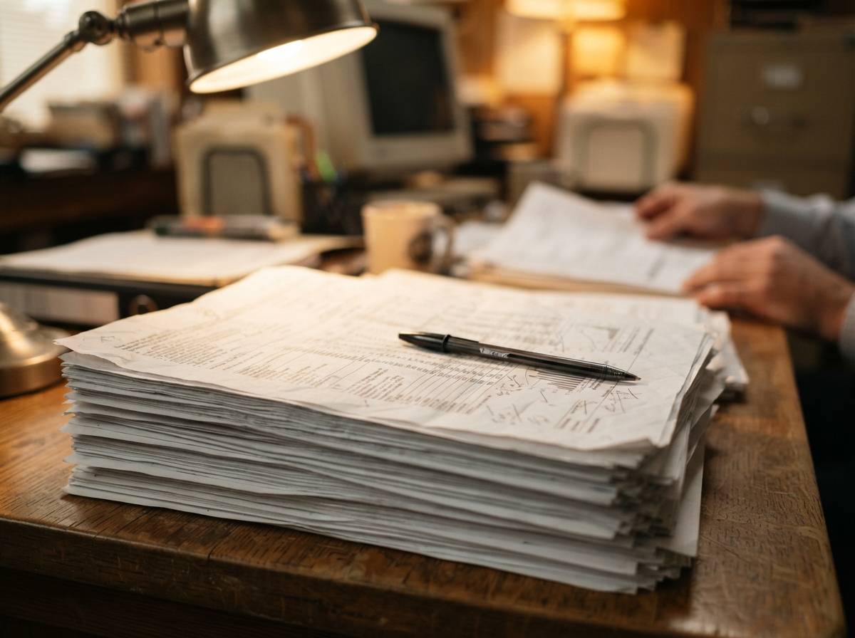 A stack of government financial disclosure documents on a desk under warm desk lamp light.