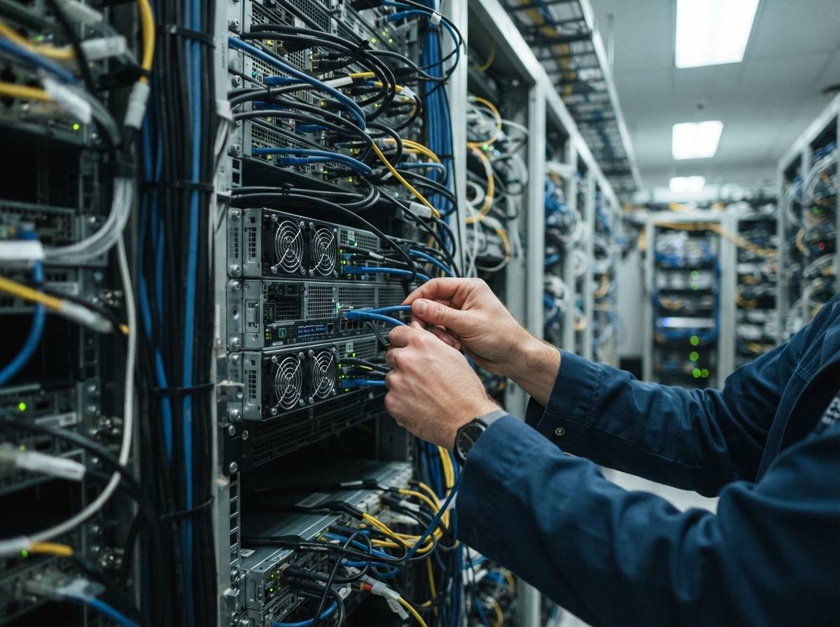 A technician inspects AI server hardware components on a workbench inside an assembly facility.