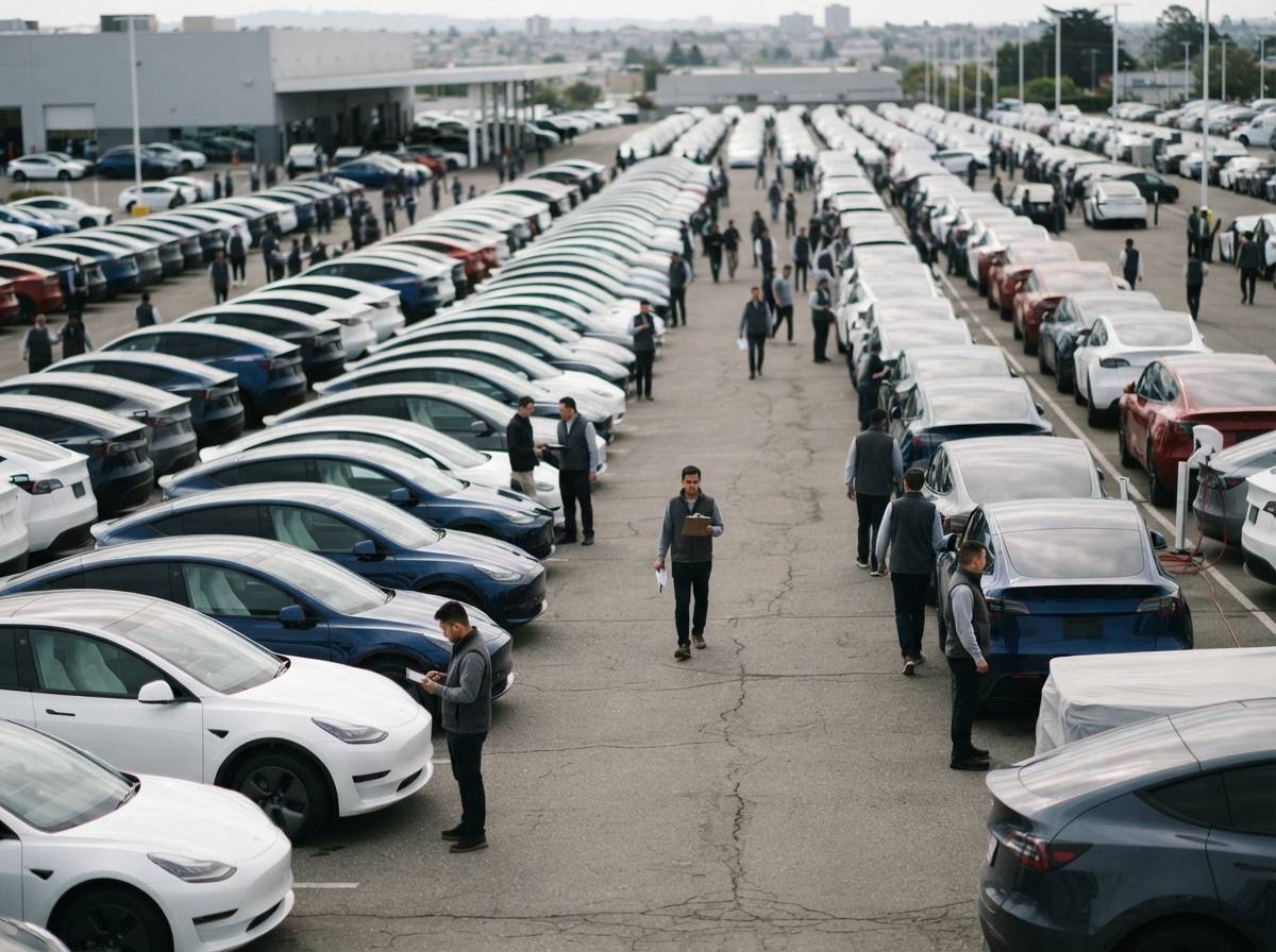 A Tesla delivery employee hands car keys to a customer next to a new Model Y.