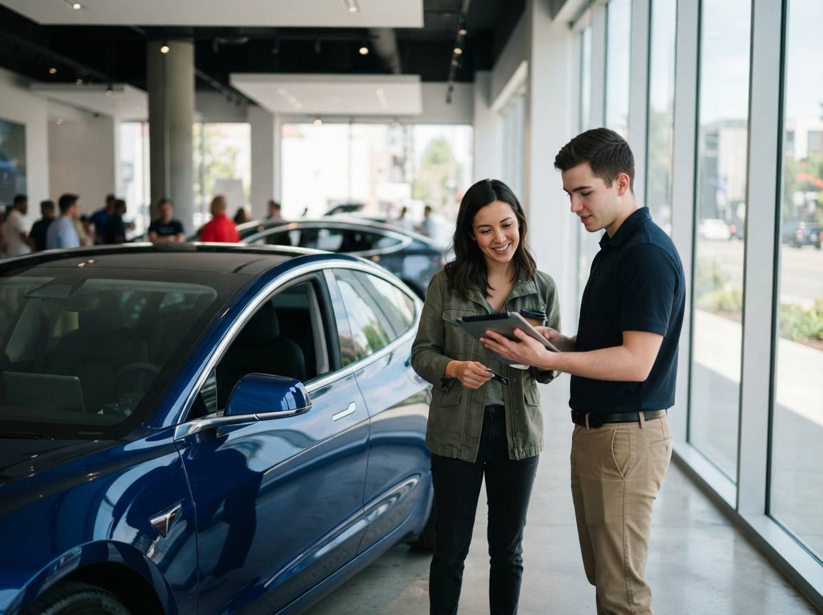 A Tesla staff member and customer reviewing delivery paperwork beside a new vehicle.