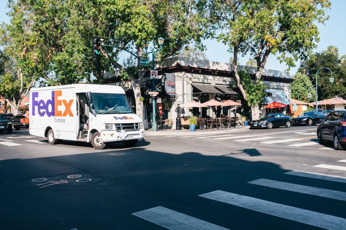 Fedex delivery truck urban street