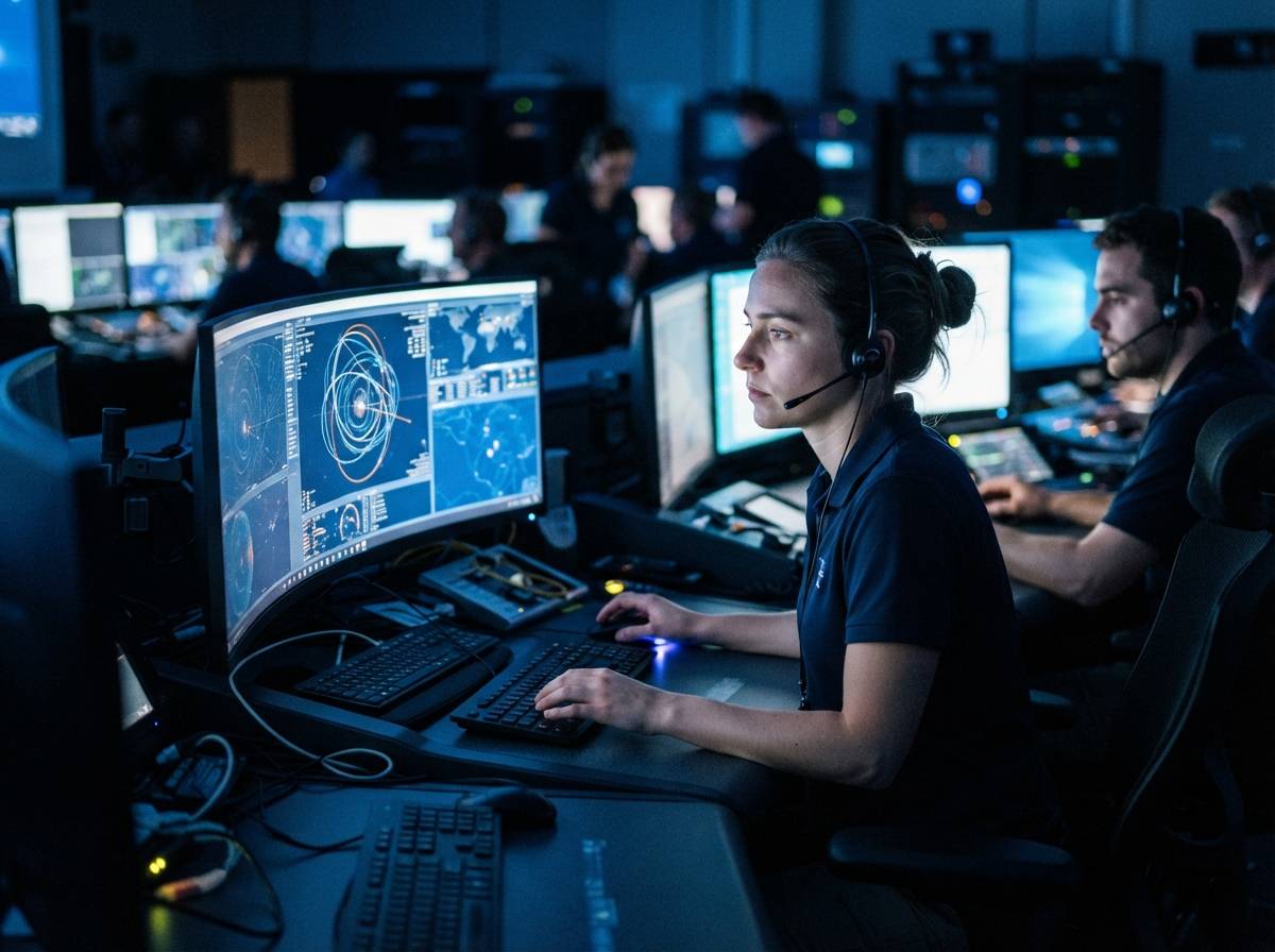 Technicians monitor satellite tracking data on glowing consoles inside a control room at night.